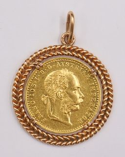 JEWELRY. 1915 1 Ducat Austrian Gold Coin Pendant.