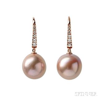 14kt Rose Gold, Pink Freshwater Pearl, and Diamond Earrings