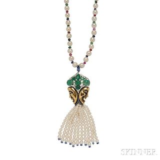 Gold, Gem-set, and Cultured Pearl Pendant/Brooch