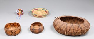 Group of Six Folk Basketry and Beaded Gourd