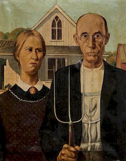 AFTER GRANT WOOD (1891-1942) 'AMERICAN GOTHIC' O/C