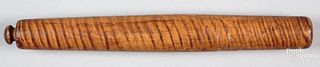 Tiger maple rolling pin, early 19th c., 14 3/4" l.