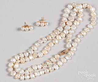 Pearl necklace with 14K gold clasp and earrings