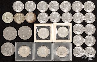 Twenty-three 1964 Kennedy silver half dollars, etc