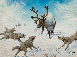 Frank B. Hoffman (1888-1958) - Wolves and Caribou