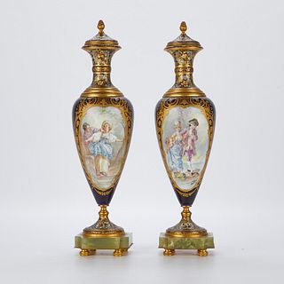 Pr Sevres Style Urns w/ Champleve Signed Rochette