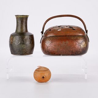 3 Chinese Items Gourd Vase, Bronze, Hand Warmer