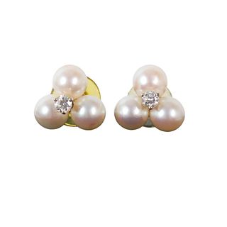 Pair of 14K Trefoil Pearl & Diamond Earrings 7g