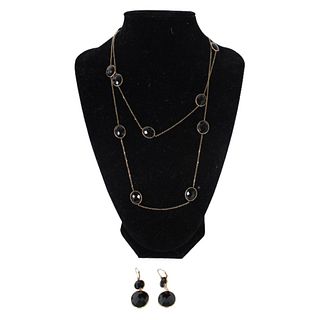 14K Black Onyx Bezel Set Necklace & Earrings 19g