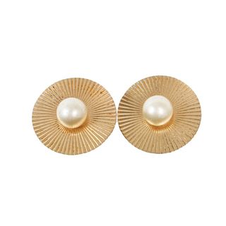 14K Gold Round Fan & Pearl Earrings 6g
