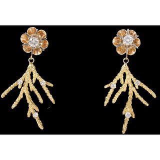 14K Gold & Diamond Floral Branch Drop Earrings 8g