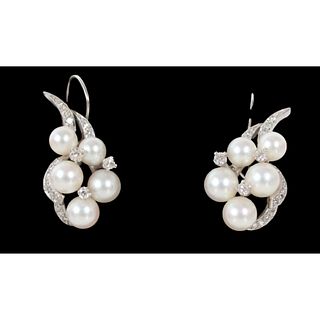 14K White Gold Diamond & Pearl Earrings