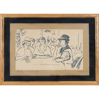 'Three in Cafe' Sketch, Signed Ink on Paper, 1965