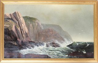 Rocky Cliff Coastal Scene, Early 19th C Oil/Canvas