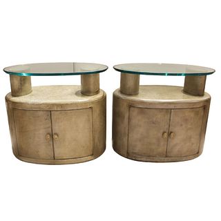 Pair Art Deco Textured  Oval Bedside Tables