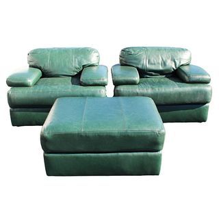 Pair Vintage Green Leather Accent Chairs w Ottoman