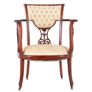 Vintage Tufted Upholstered Mahogany Lyre Armchair