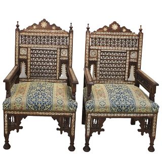 Pair Early 20th Century Syrian Style Inlaid Chairs