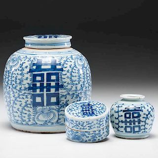 Porcelain Ginger Jar, Vase, and Lidded Box with Shuangxi Symbol 