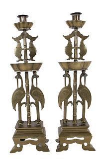 PR Chinese Fish and Crane Candlestick Holders