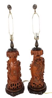 Pair of Chinese Hand Carved Dragon & Phoenix Lamps