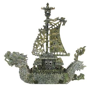 Chinese Carved Green Soapstone Serpentine Ship