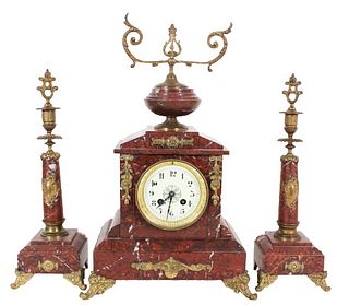 (3) Pc French Rogue Marble Clock & Candlestick Set
