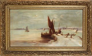 Winter Harbor Scene w Ships, Oil on Canvas