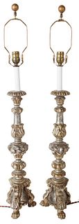 Italian Carved Pricket Stick Lamps, Early 20th C.