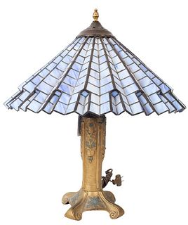 Vintage Spelter Lamp w Blue Glass Shade