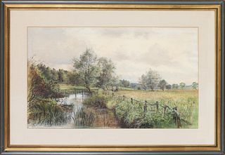 Country Meadow w Pond, 19th C Watercolor