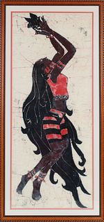 Figural Batik Painting of Woman w Dove