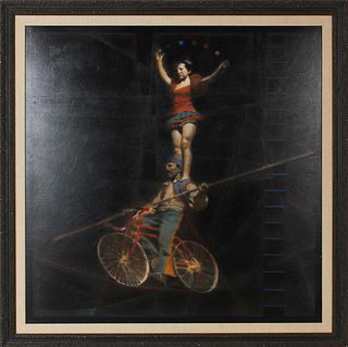High Wire Balancing Act, Signed Oil on Canvas