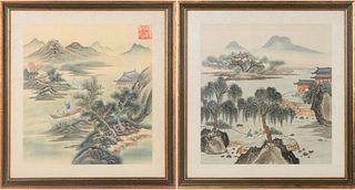 Pair Chinese Figural Landscape Paintings on Silk
