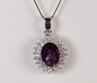 14K WHITE GOLD DIAMOND AND AMETHYST PENDANT NECKLACE