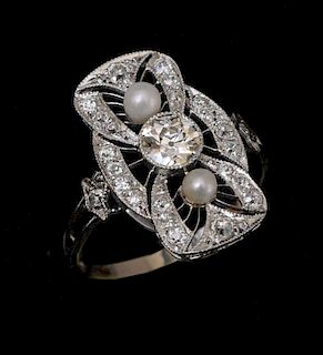 Platinum Diamond and Pearl Cocktail Ring