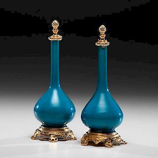 Pair of Turquoise Long Neck Porcelain Vases with Gilt Mounts 