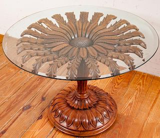 Rosewood Carved Pedestal Table, Glass Top