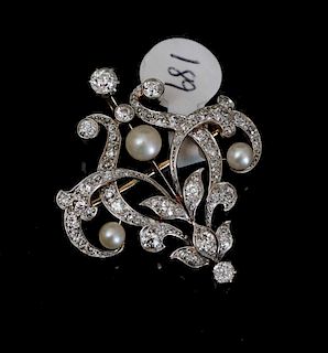 14k Gold Diamond and Pearl Brooch