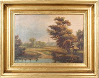19th. English Landscape w Steeple, Oil on Canvas