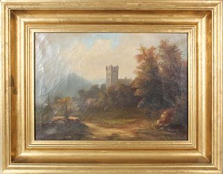 19th C.English Tower in Landscape Oil on Canvas