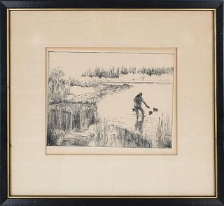 Figural Landscape w Duck Decoys, Signed Etching