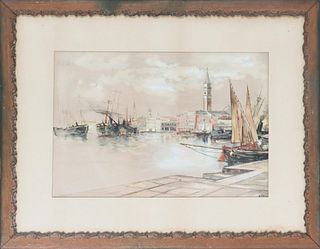 19th C. European Port Scene, Watercolor