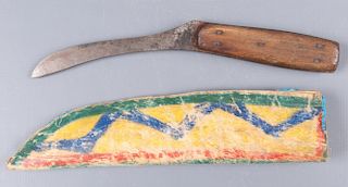 Plains Indian Skinning Knife In Hide Sheath