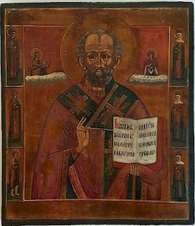 Antique Russian Icon Nicholas Wonderworker with six Saints.