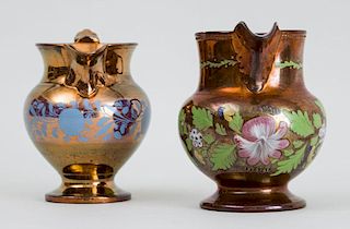 TWO ENGLISH PAINTED COPPER LUSTER PITCHERS