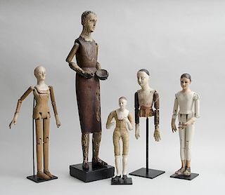 GROUP OF FIVE PAINTED AND STAINED WOOD MANNEQUINS