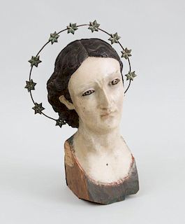SOUTH AMERICAN PAINTED WOOD HEAD OF MADONNA