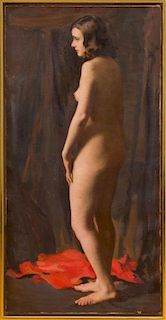 IRENE HIGGINS: STANDING FEMALE NUDE WITH RED DRAPE
