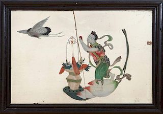 GROUP OF THREE CHINESE EXPORT REVERSE MIRROR PAINTINGS